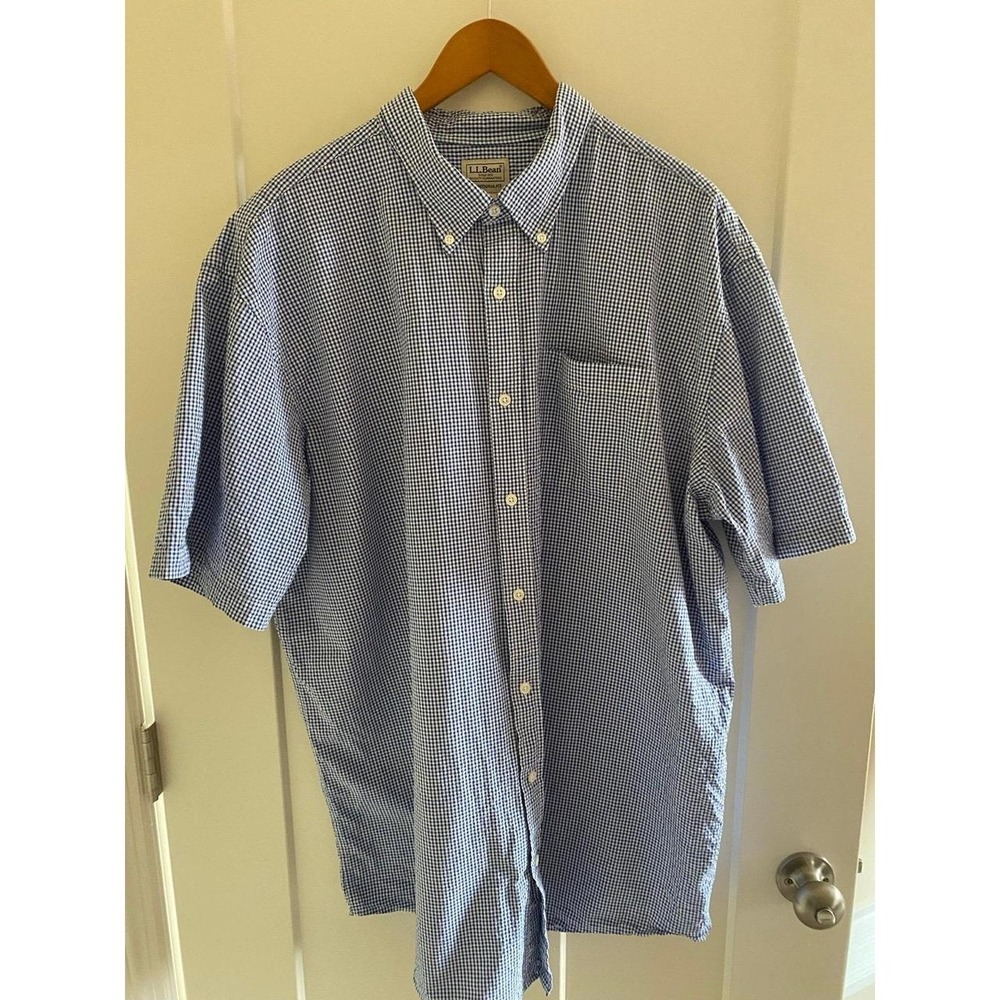 LL Bean Blue Gingham Short Sleeve Button Down Shirt XXL-Tall Traditional s1